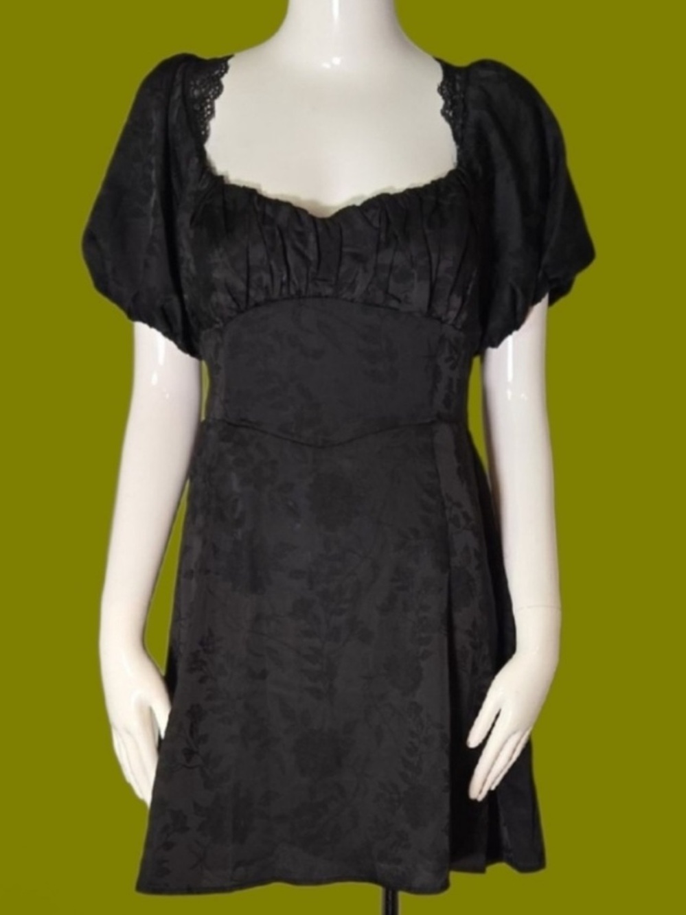 Satin & Lace Puff Sleeve Floral Print Mini Dress, Black, Sz Small
